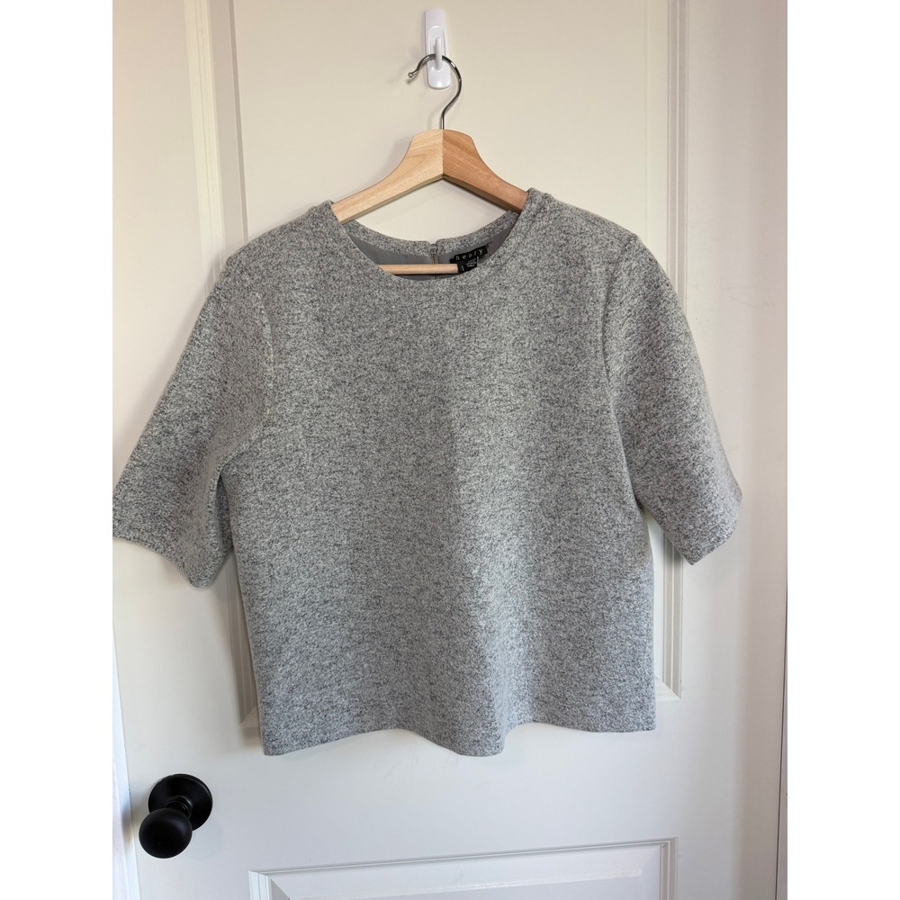Theory Hesha B Grey Virgin Wool Felt Knit Short Sleeve Back Zip Top Large